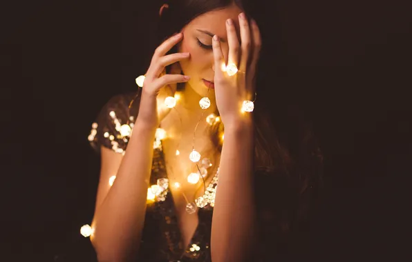 Girl, face, lights, background, garland
