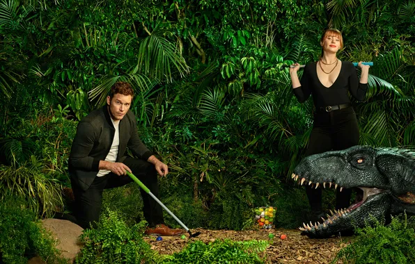 Dinosaur, jungle, actors, photoshoot, Chris Pratt, Bryce Dallas Howard, Chris Pratt, Bryce Dallas Howard