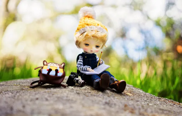 Hat, doll, boy, the camera, Notepad, backpack