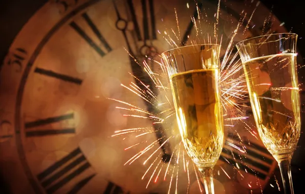 Lights, glare, background, holiday, watch, glass, new year, salute