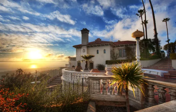 Clouds, sunset, house, the ocean, Sunset, Hearst Castle