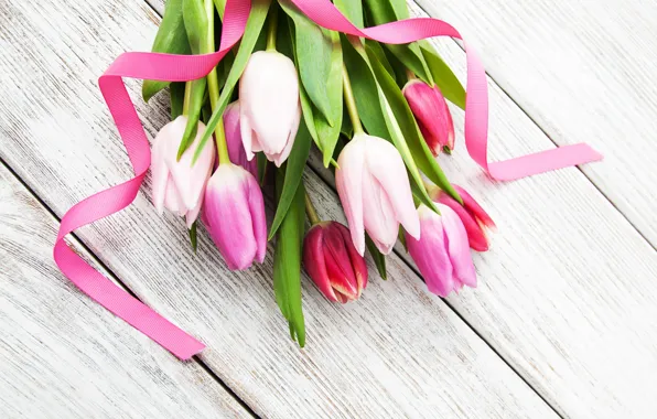 Flowers, bouquet, colorful, tulips, wood, pink, flowers, tulips