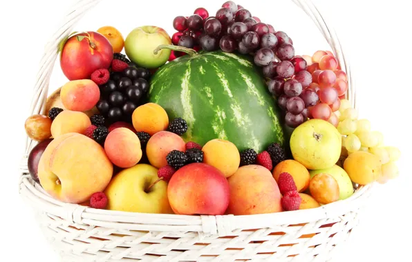 Picture berries, raspberry, basket, apples, watermelon, grapes, fruit, peaches