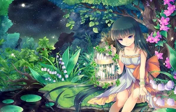 Picture night, pond, anime, cutie