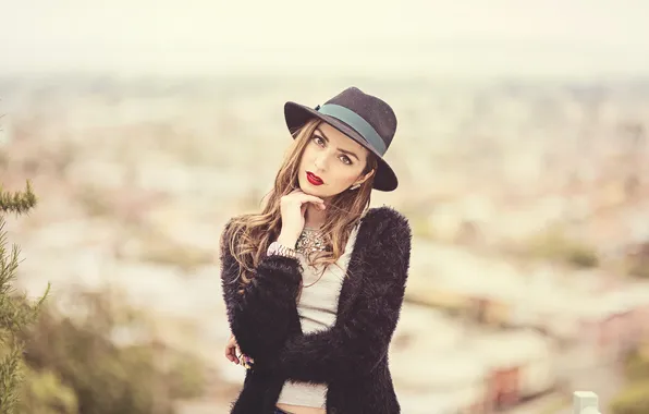 Eyes, girl, the city, hair, hat, lips