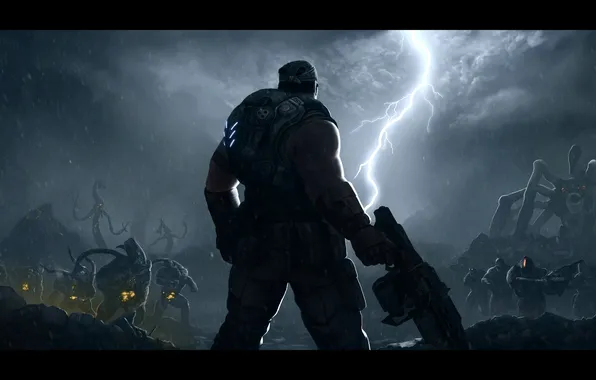 Weapons, people, monster, battle, destruction