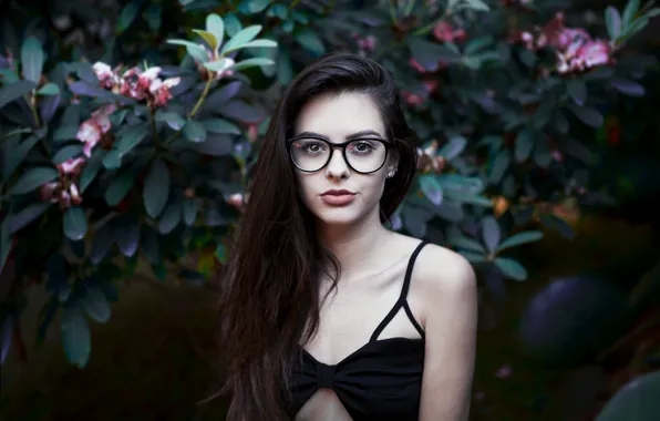 Girl, Bush, brunette, glasses