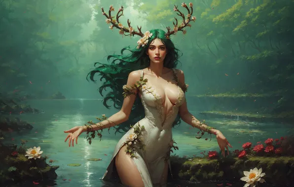 Girl, lake, fantasy, horns, nymph
