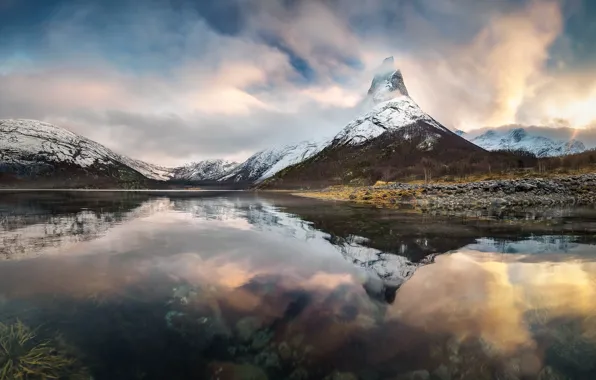 Winter, clouds, snow, mountains, reflection, tops, Iceland, pond