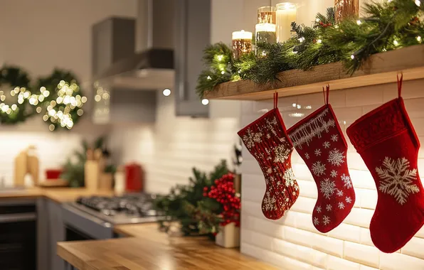 Branches, lights, comfort, house, table, wall, candles, Christmas