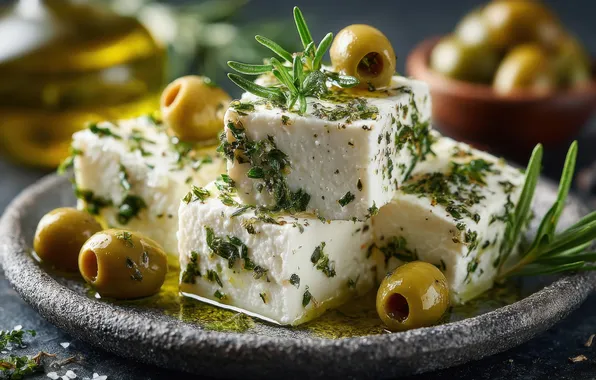Greens, cheese, plate, pieces, olives, appetizer, bowls, cheese