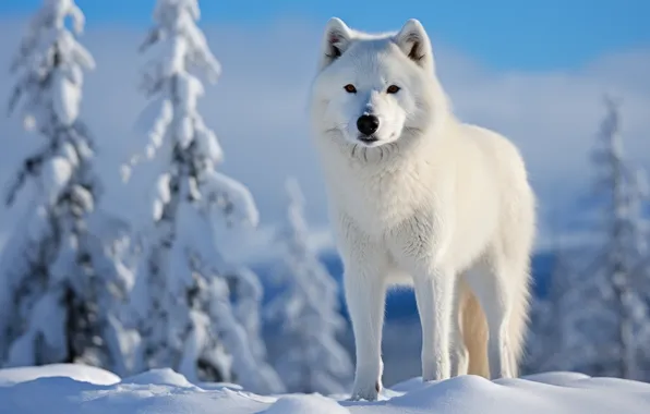 Winter, frost, forest, white, snow, nature, wolf, AI art
