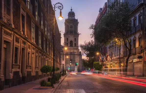 Night, street, building, Mexico, Mexico city