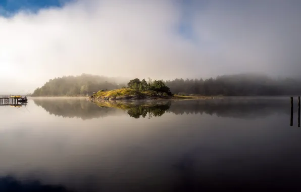 Fog, river, island