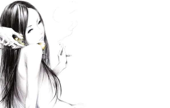 Girl, smoke, Figure, hands, cigarette, handset, art, Sawasawa