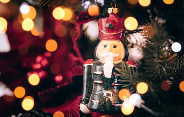 Branches, lights, glare, toy, soldiers, Christmas, New year, beard