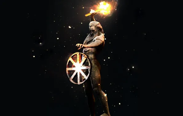 Fire, Statue, Hammer, Flame, Black background, Svarog, Slavic God, Sasha, Gregerman