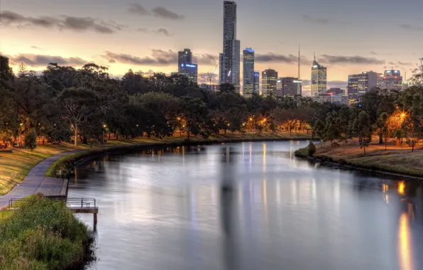 Trees, river, the evening, lights, Yarra River