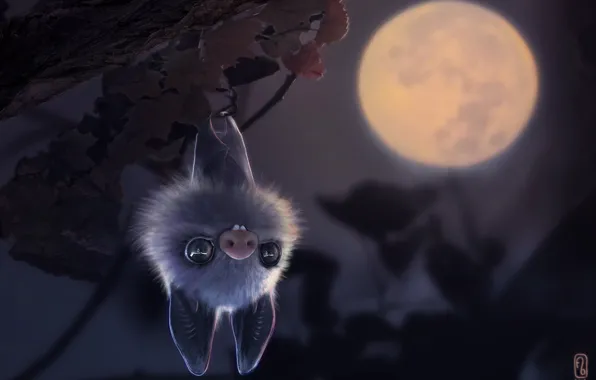 Picture night, tree, stay, the moon, wings, mouse, art, bat