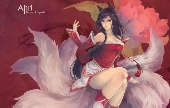 Picture girl, background, art, ears, league of legends, tails, ahri, yupi