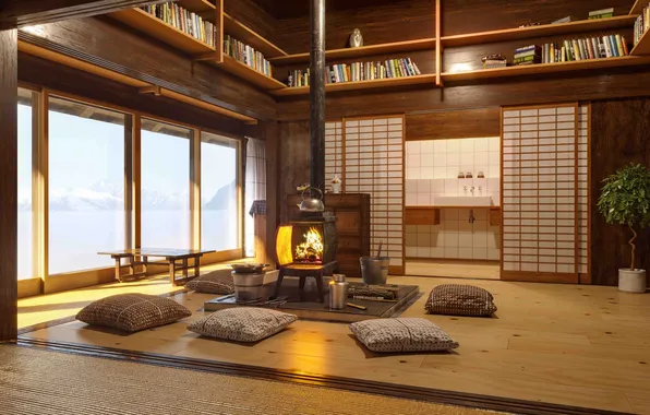 Design, interior, fireplace, library, living room, rest room, Asian style, tea room