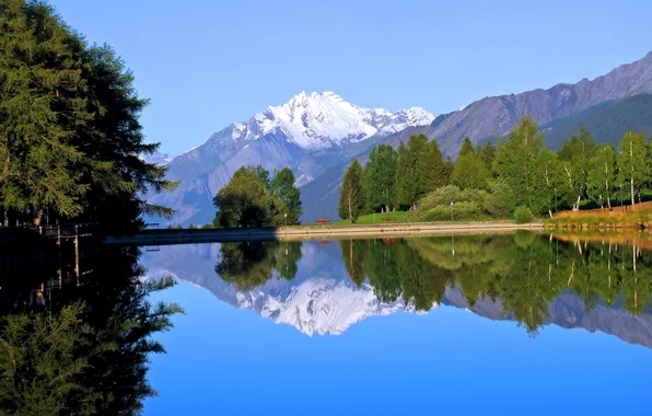 The sky, trees, mountains, lake, Park, bench