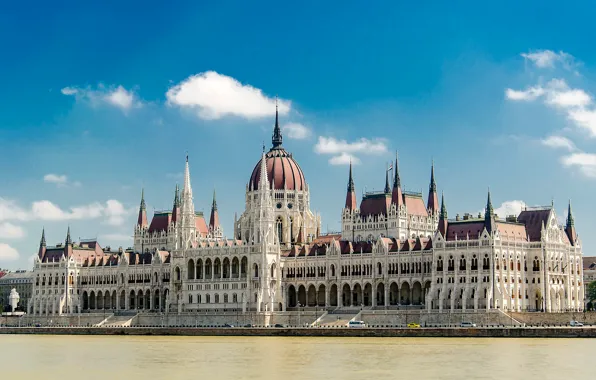 The sky, clouds, landscape, river, Parliament, Hungary, Budapest, The Danube
