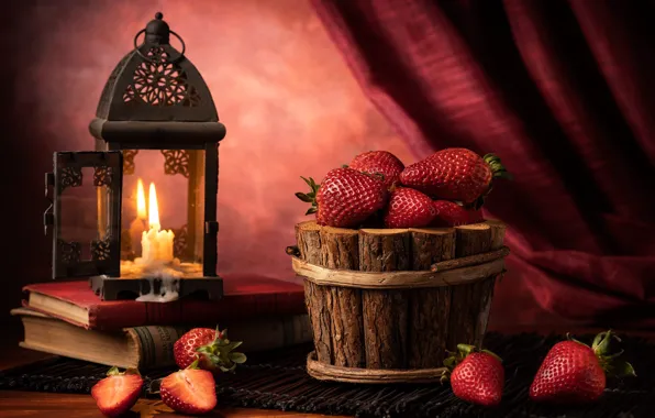 Picture style, berries, books, lamp, candle, strawberry, lantern, still life
