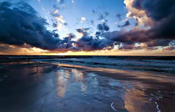 Picture sea, beach, clouds, sunset, pier
