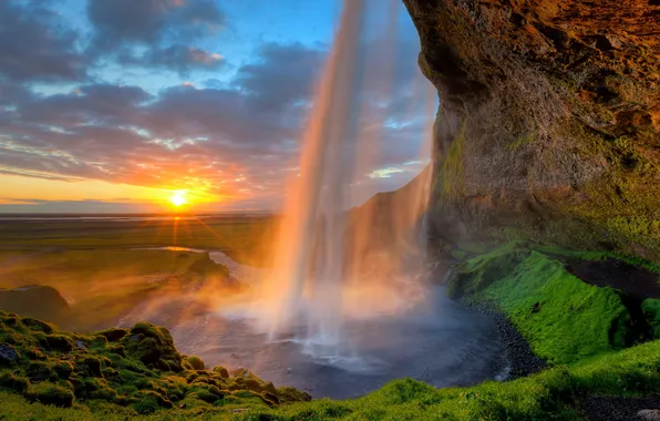 Rock, Iceland, the rays of the sun, Sunset, sunset, Iceland, the beauty of nature, Seljalandsfoss …