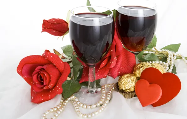 Picture wine, roses, candy, hearts, beads, romantic, Valentine`s day, Valentine's day