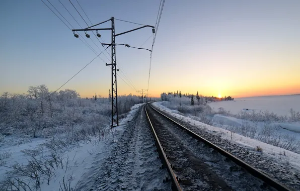 Winter, snow, morning, railroad