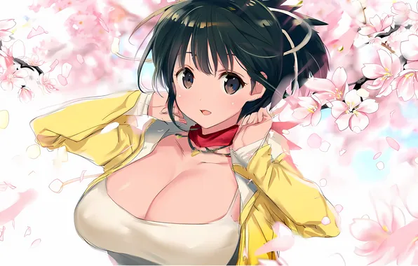 Girl, sexy, cleavage, brown eyes, boobs, anime, Asuka, flowers