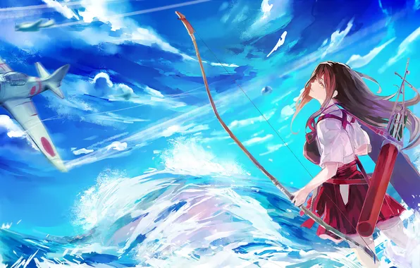 The sky, water, Girl, bow, aircraft, arrows