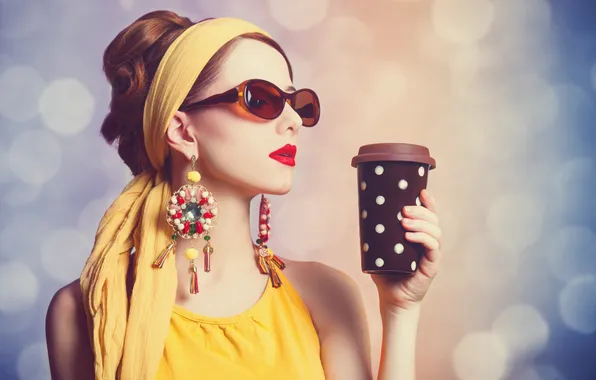 Picture girl, coffee, earrings, makeup, glasses, profile