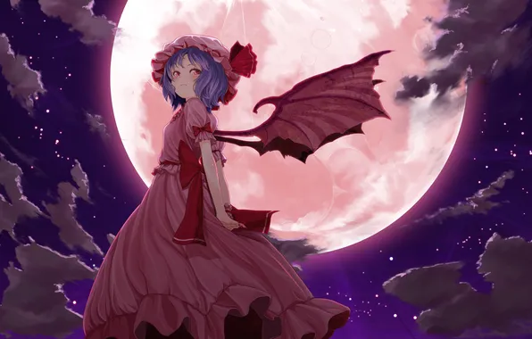 Picture clouds, night, the moon, wings, the demon, remilia scarlet, Touhou