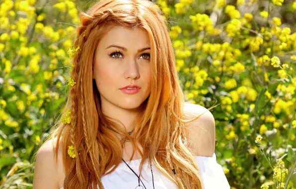 Picture field, look, girl, flowers, braids, red, Katherine McNamara, Katherine McNamara
