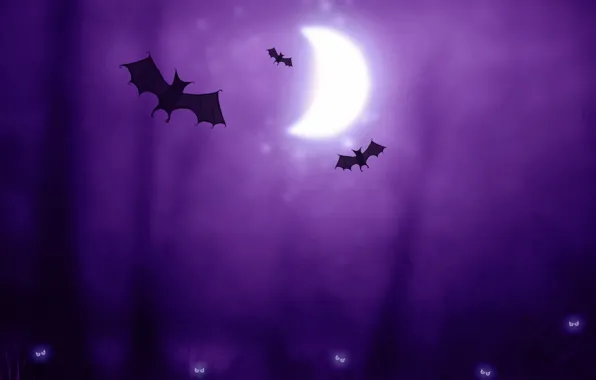 Purple, the moon, creatures, Halloween, Halloween, bats
