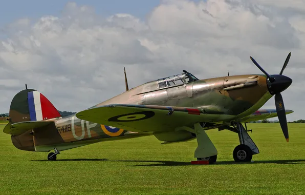 Field, the sky, grass, fighter, war, Hawker Hurricane, interceptor, single