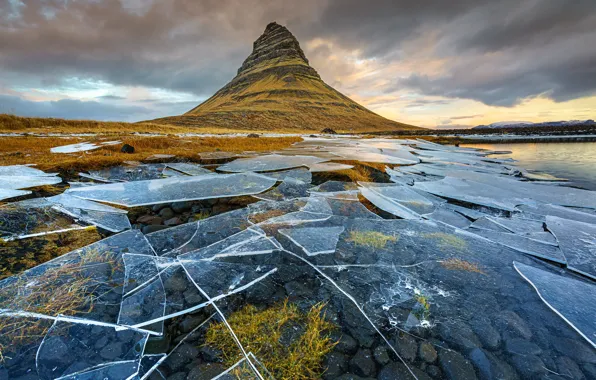 Winter, autumn, the sky, grass, clouds, nature, cracked, shore