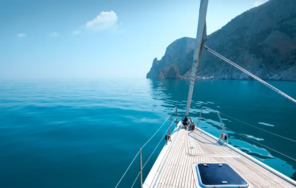 Sea, rocks, shore, yacht, Greece, calm