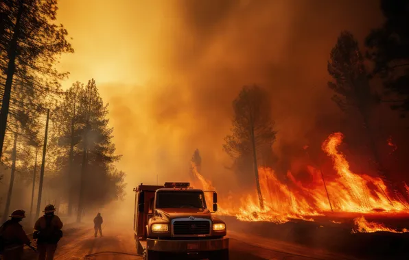 Trees, Smoke, Fire, Machine, Fire, Truck, Digital art, Fire truck