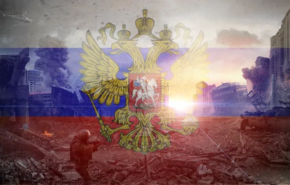 Picture the sun, the city, flag, destruction, Russia, Russia, country