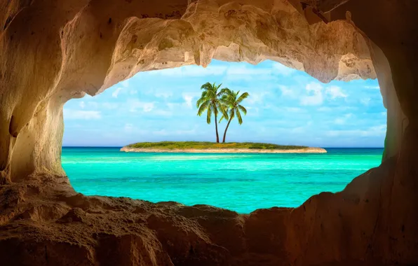Picture palm trees, rocks, island, the grotto, The Pacific ocean, Caribbean Islands
