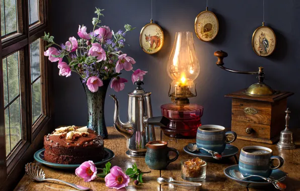 Flowers, lamp, bouquet, cake, mugs, anemones, coffee grinder, coffee pot