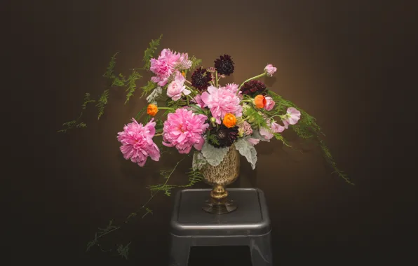 Picture flowers, background, Wallpaper, bouquet, chair, vase, peonies