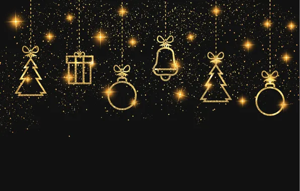 Decoration, gold, Christmas, New year, golden, christmas, black background, new year