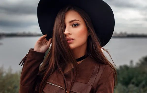 River, background, portrait, hat, makeup, jacket, hairstyle, brown hair
