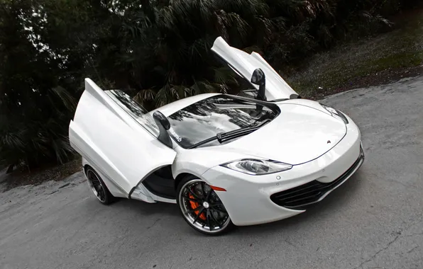 White, asphalt, cracked, McLaren, white, the view from the top, MP4-12C, McLaren