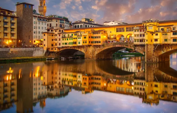 Bridge, reflection, river, building, home, Italy, Florence, Italy